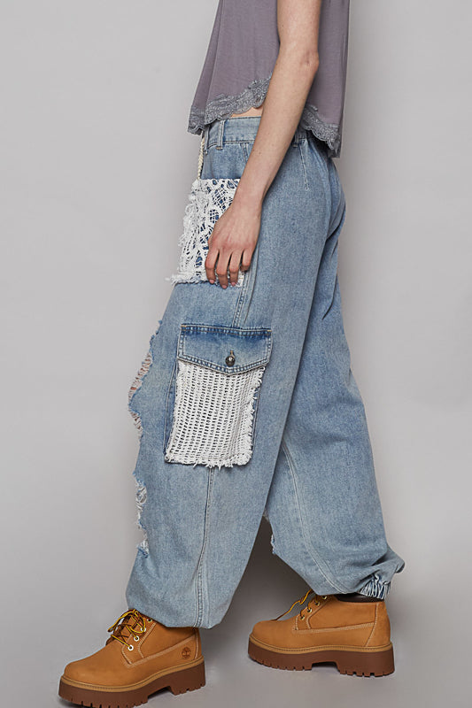 Denim Crochet Patchwork Cargo Joggers