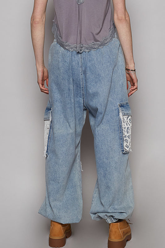Denim Crochet Patchwork Cargo Joggers