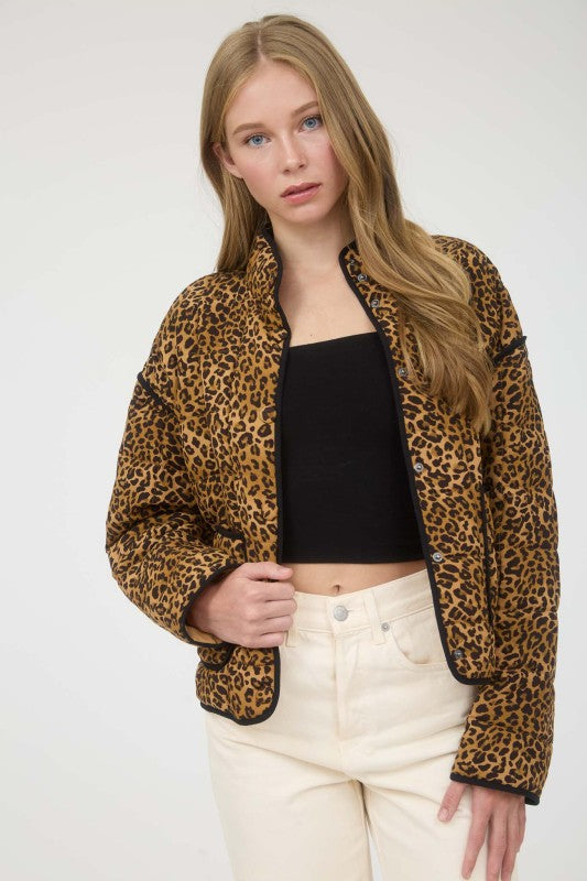 Quilted Leopard Button Down Puffer Jacket