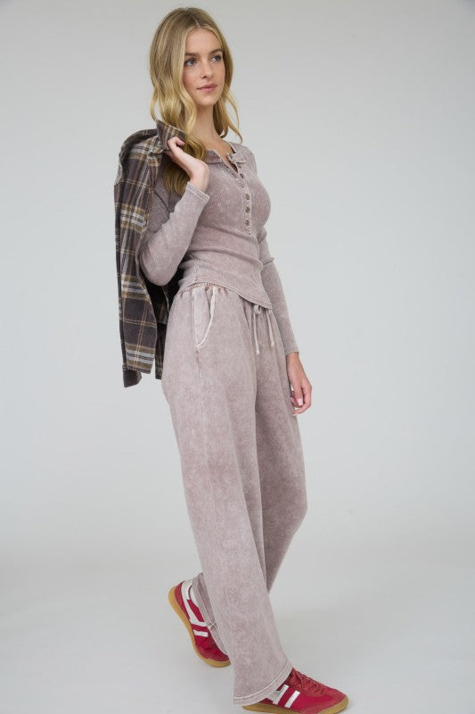 Acid Washed Wide Leg Drawstring Lounge Pants- Mocha