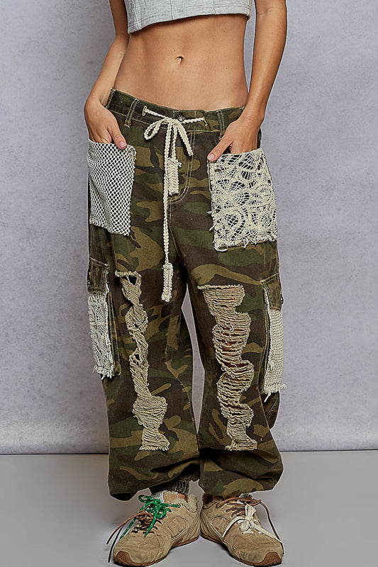 Camo Crochet Patchwork Cargo Joggers