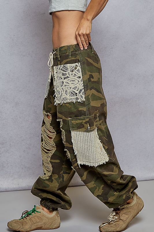 Camo Crochet Patchwork Cargo Joggers