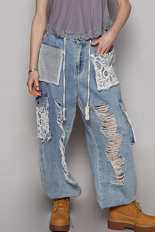 Denim Crochet Patchwork Cargo Joggers