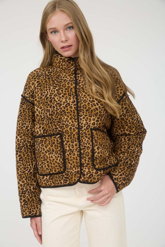Quilted Leopard Button Down Puffer Jacket