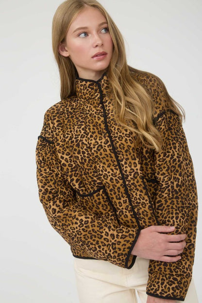 Quilted Leopard Button Down Puffer Jacket