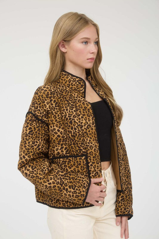 Quilted Leopard Button Down Puffer Jacket