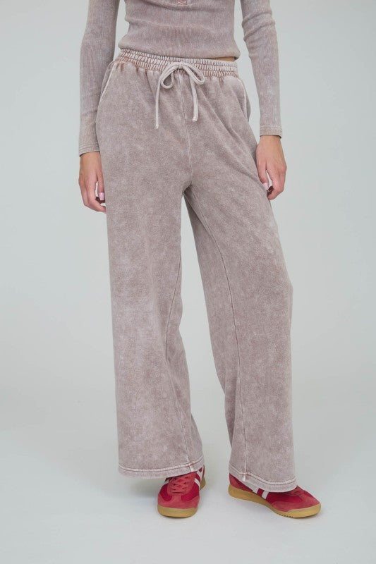 Acid Washed Wide Leg Drawstring Lounge Pants- Mocha