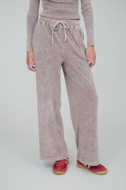 Acid Washed Wide Leg Drawstring Lounge Pants- Mocha