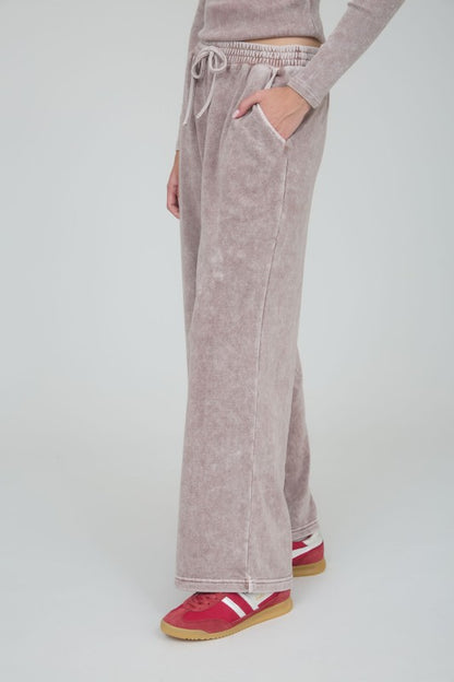 Acid Washed Wide Leg Drawstring Lounge Pants- Mocha