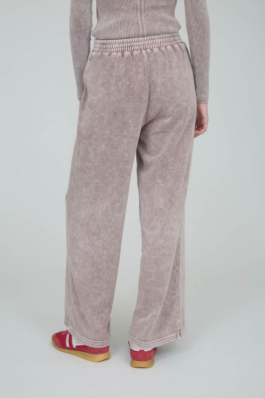 Acid Washed Wide Leg Drawstring Lounge Pants- Mocha