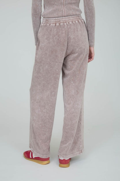 Acid Washed Wide Leg Drawstring Lounge Pants- Mocha