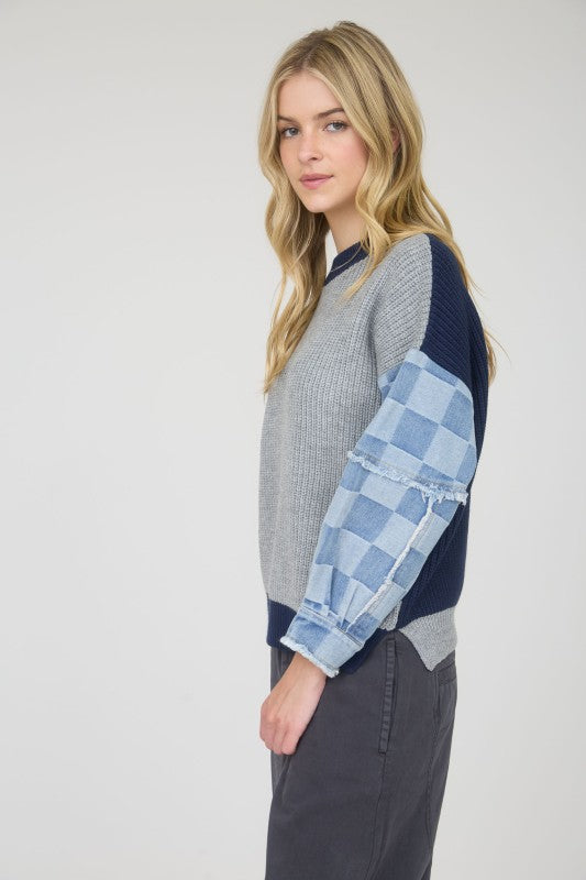 Checkered Denim Sleeve Sweater