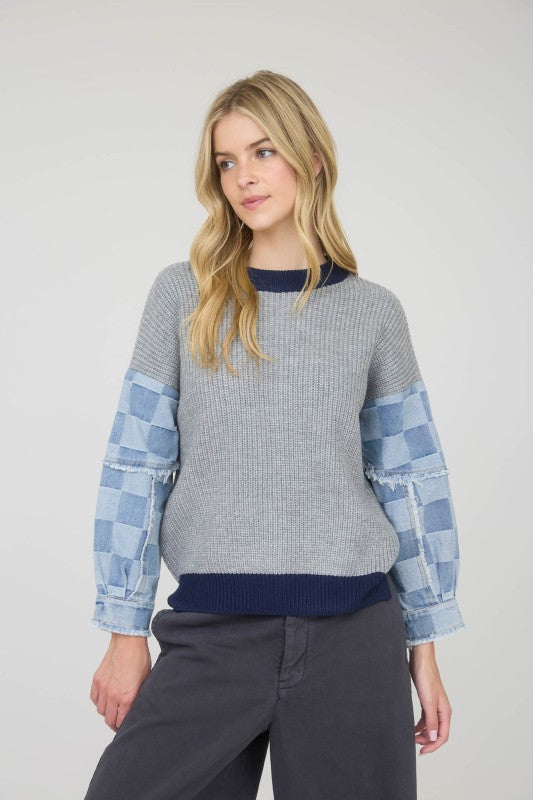 Checkered Denim Sleeve Sweater