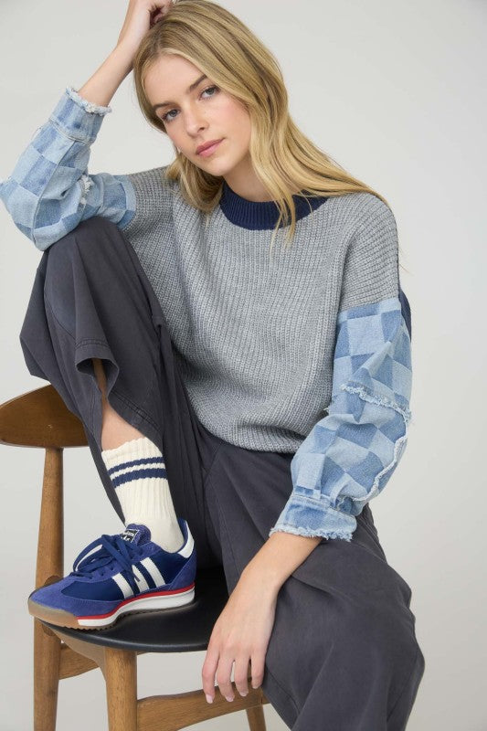 Checkered Denim Sleeve Sweater