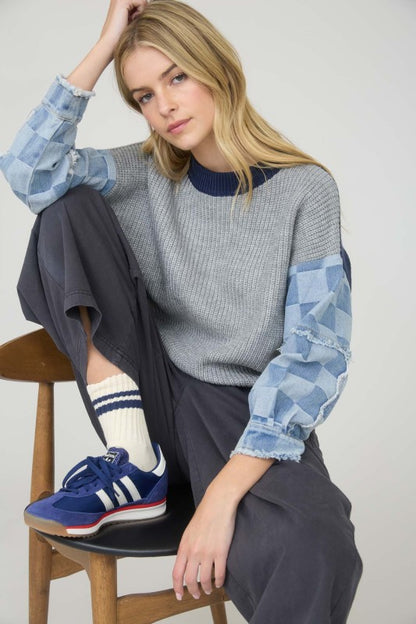 Checkered Denim Sleeve Sweater